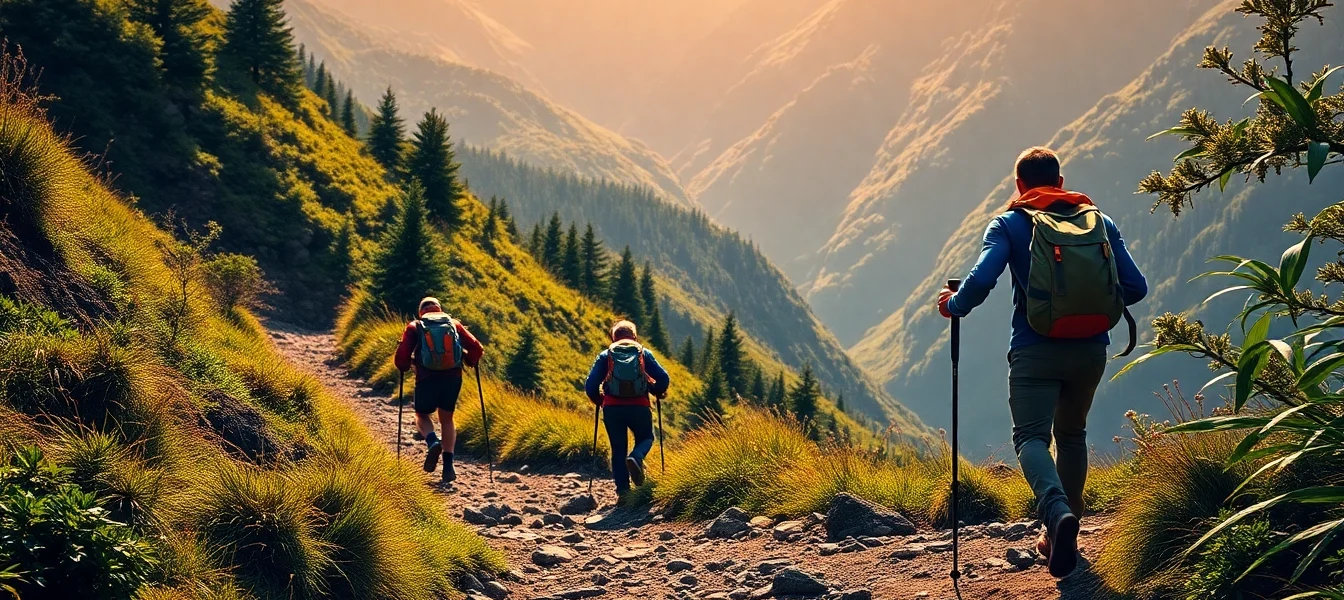 Hiking enthusiasts walking along a scenic mountain trail surrounded by lush forests and natural landscapes.