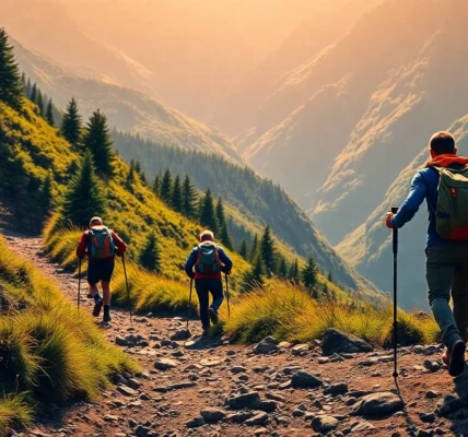 Hiking enthusiasts walking along a scenic mountain trail surrounded by lush forests and natural landscapes.