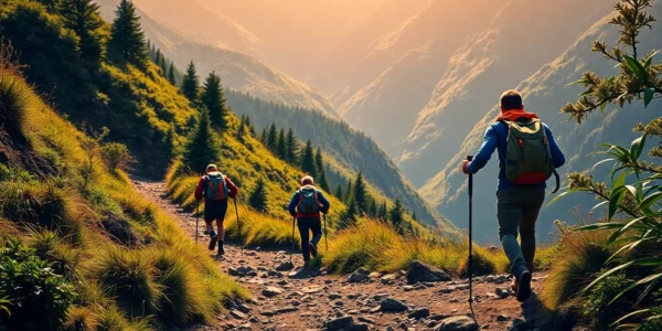 Hiking enthusiasts walking along a scenic mountain trail surrounded by lush forests and natural landscapes.