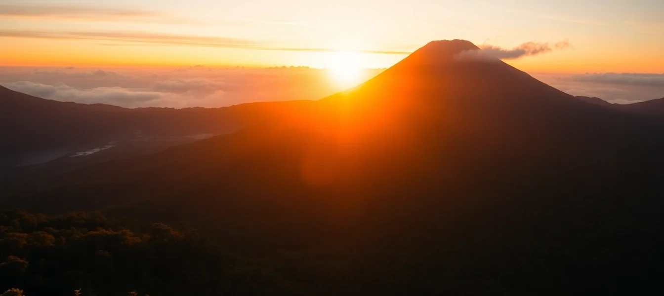Hikers admiring the stunning view of Mt. Rinjani's active volcano peak on a clear day, emphasizing adventure and natural beauty.