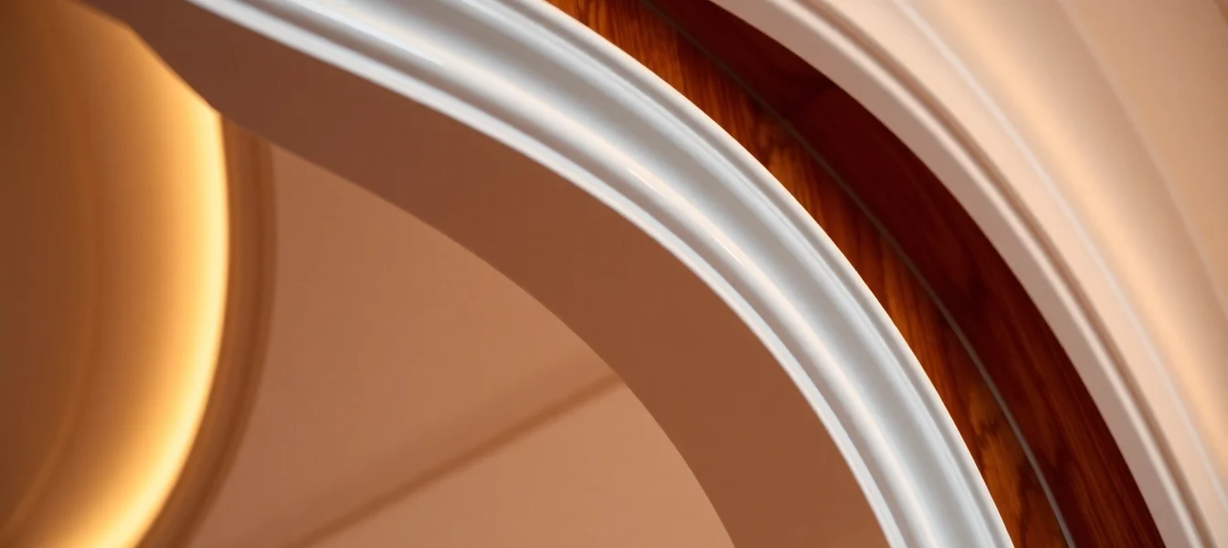 Finish trim installed in a modern living room with smooth painted surface and intricate wood detailing, highlighting craftsmanship and style.