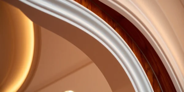 Finish trim installed in a modern living room with smooth painted surface and intricate wood detailing, highlighting craftsmanship and style.