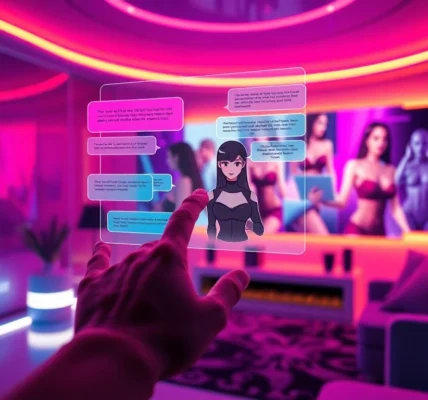 Futuristic digital scene of AI adult chat with holographic visuals and intimate atmosphere