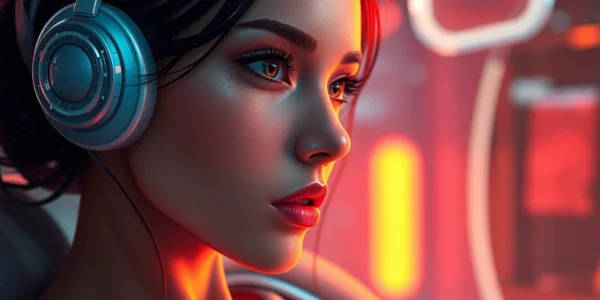 Lifelike AI character in an intimate, vibrant setting with warm lighting and detailed textures