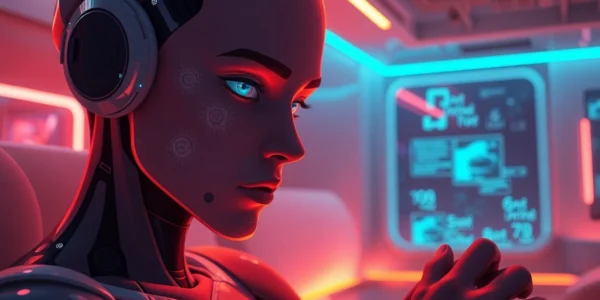 A futuristic AI character in a softly lit environment, showing emotional expression with neon accents in the background.