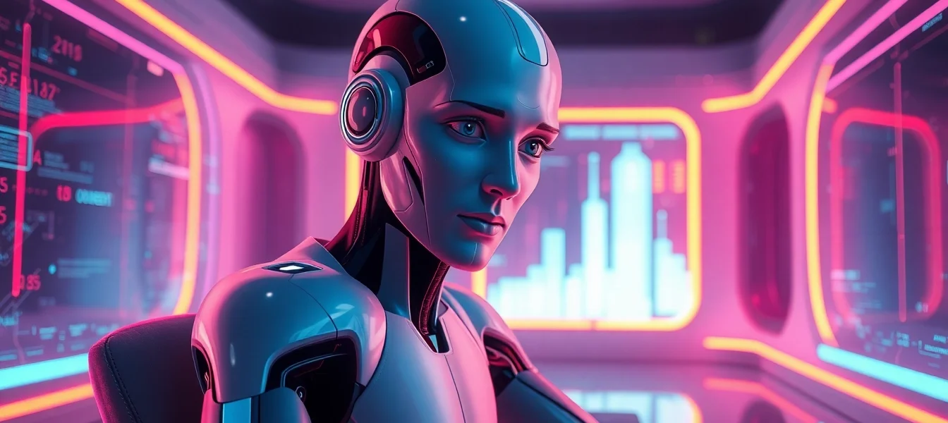 Futuristic AI avatar in a neon-lit digital environment with immersive technological details.