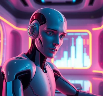 Futuristic AI avatar in a neon-lit digital environment with immersive technological details.
