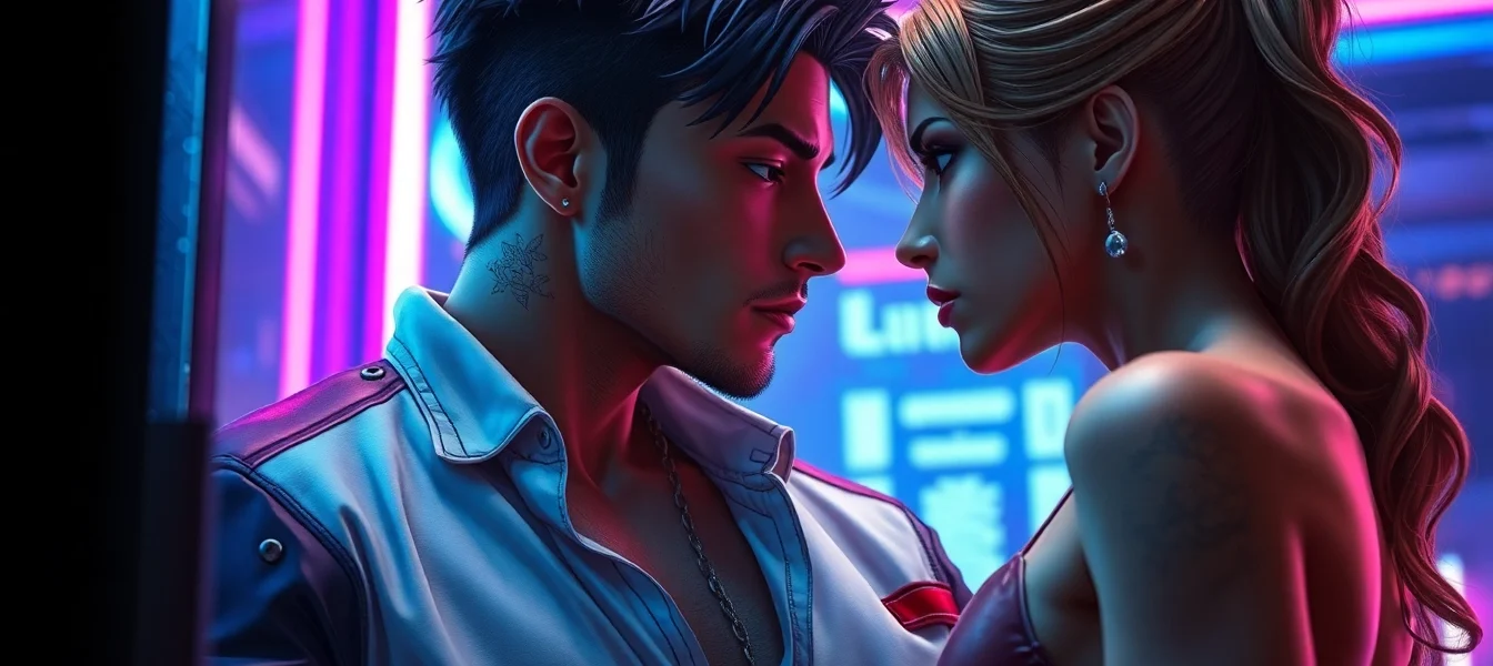 Two characters in a futuristic setting engaged in an intimate conversation with neon lighting and detailed textures.