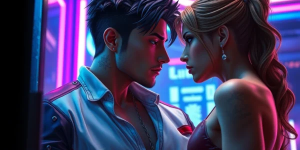 Two characters in a futuristic setting engaged in an intimate conversation with neon lighting and detailed textures.