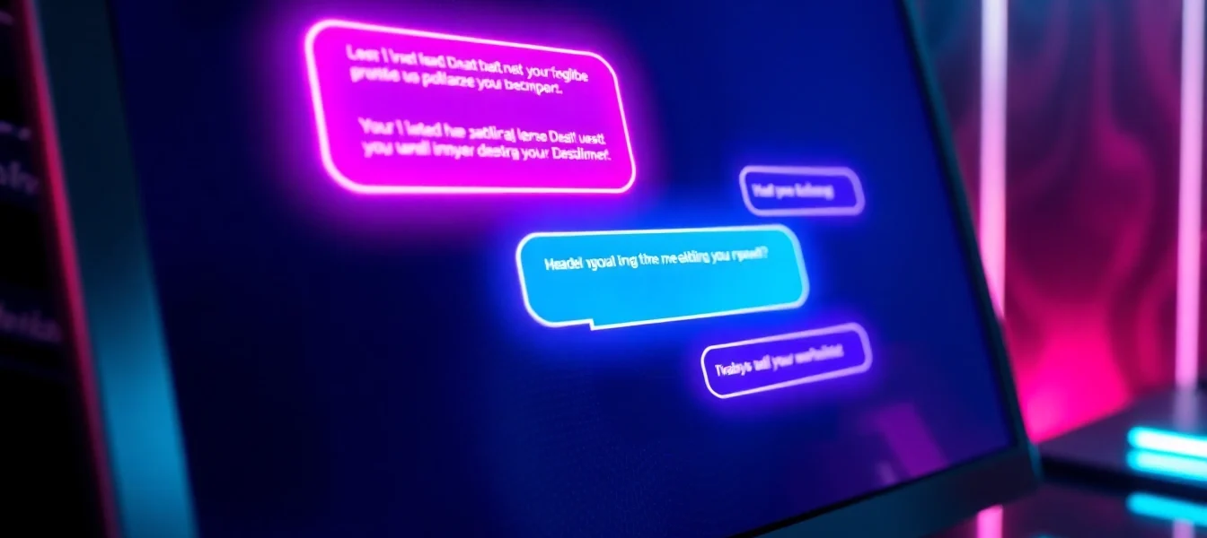 A futuristic chatbot interface with glowing chat bubbles on a dark textured background