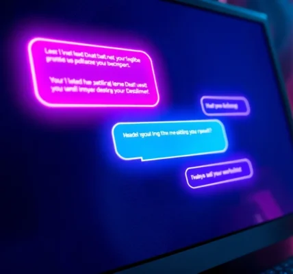 A futuristic chatbot interface with glowing chat bubbles on a dark textured background