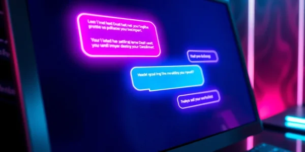 A futuristic chatbot interface with glowing chat bubbles on a dark textured background