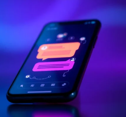 Close-up of a smartphone displaying a vibrant AI chat interface with futuristic digital elements in the background.