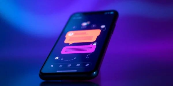 Close-up of a smartphone displaying a vibrant AI chat interface with futuristic digital elements in the background.