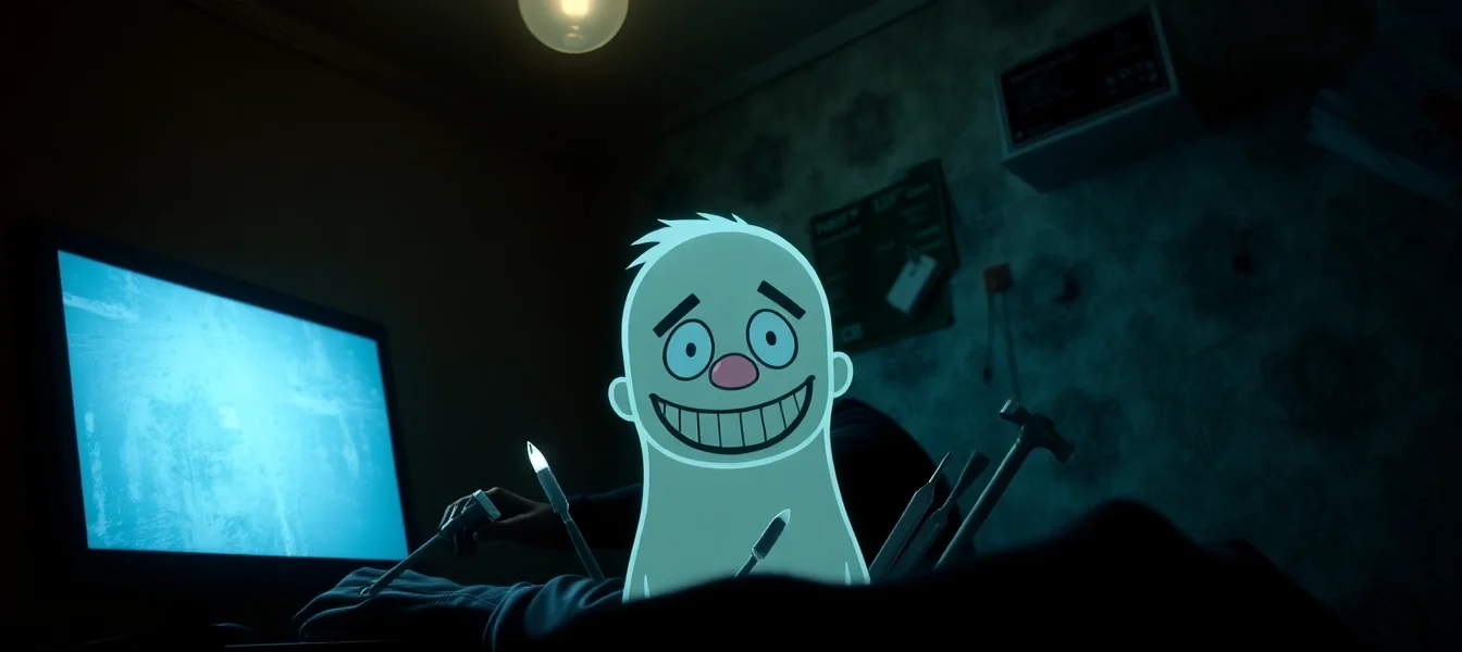 A distressed character facing a computer screen with Harvey, the cheerful character, in a disturbing scene with violent tools around, highlighting moral conflict and psychological horror.