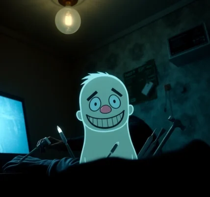 A distressed character facing a computer screen with Harvey, the cheerful character, in a disturbing scene with violent tools around, highlighting moral conflict and psychological horror.