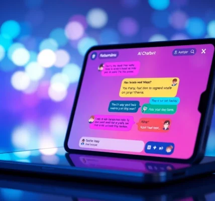 Futuristic AI chatbot interface on a modern device with colorful chat bubbles and expressive characters.