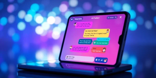 Futuristic AI chatbot interface on a modern device with colorful chat bubbles and expressive characters.