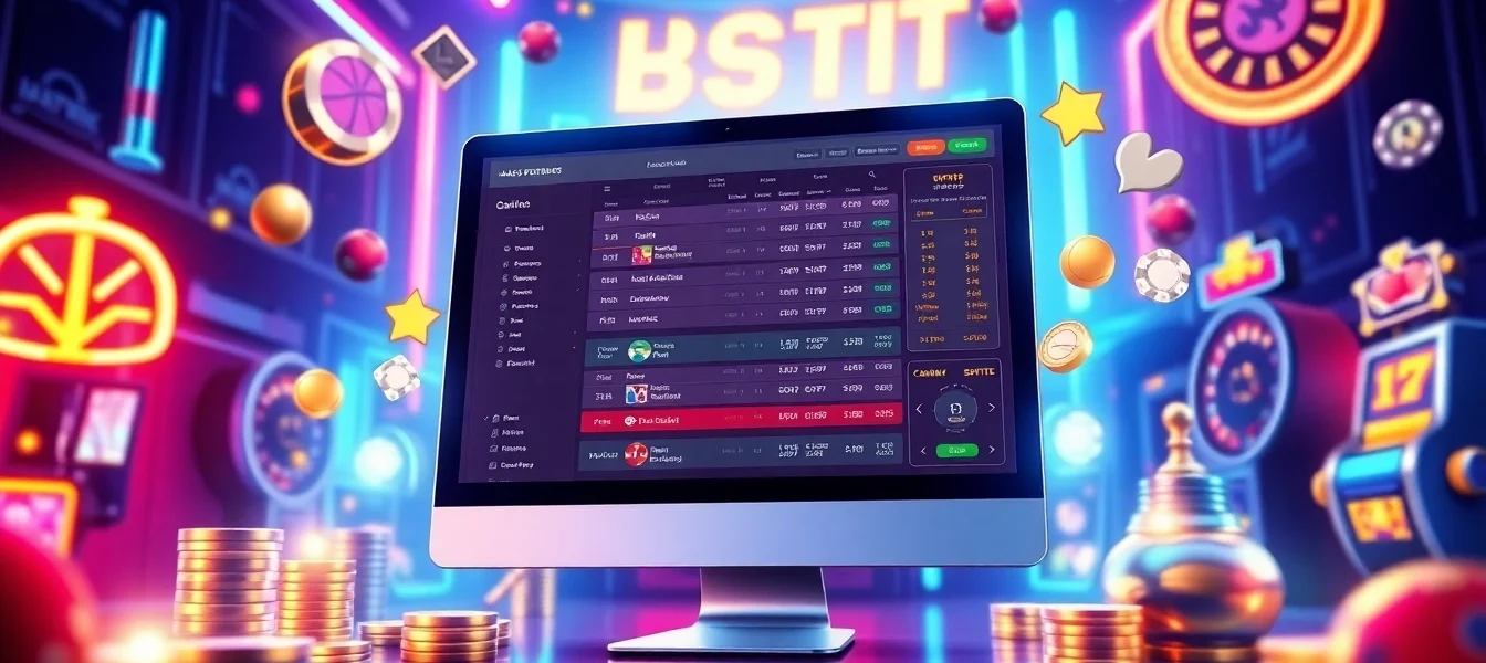 Illustration of a modern online sportsbook and casino interface with betting options and gaming icons, vibrant neon lighting.