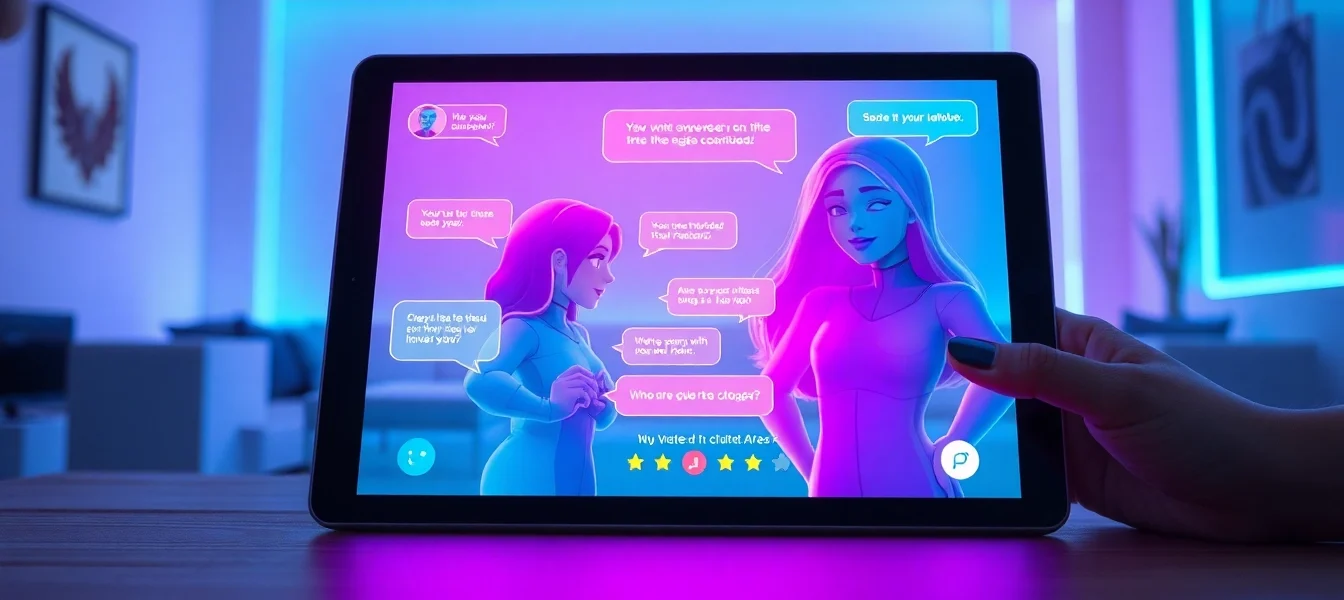 Futuristic chat interface with colorful holographic AI characters in a modern, neon-lit room.
