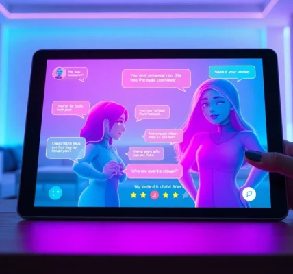 Futuristic chat interface with colorful holographic AI characters in a modern, neon-lit room.