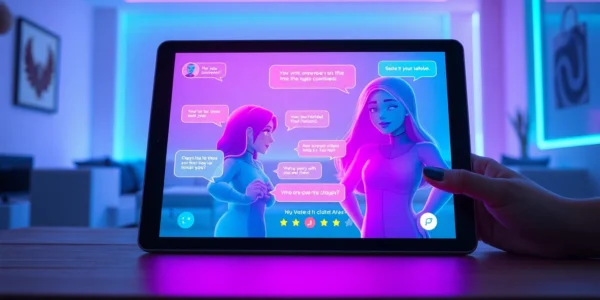 Futuristic chat interface with colorful holographic AI characters in a modern, neon-lit room.