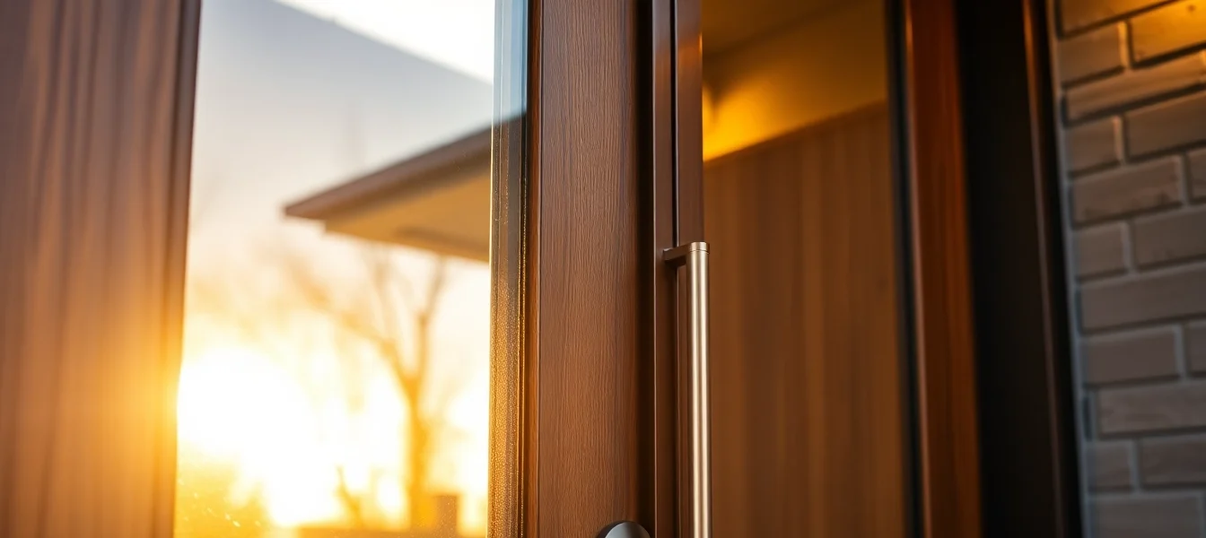 Front door replacement: homeowner installs a modern entry door with warm sunlight
