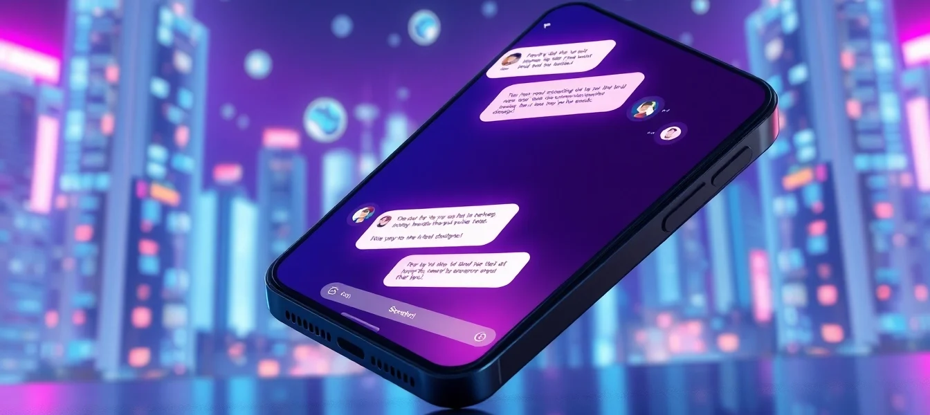 Futuristic smartphone displaying an AI chat interface with a vibrant cityscape background and holographic elements.
