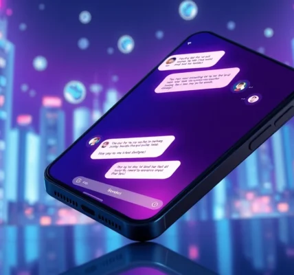 Futuristic smartphone displaying an AI chat interface with a vibrant cityscape background and holographic elements.