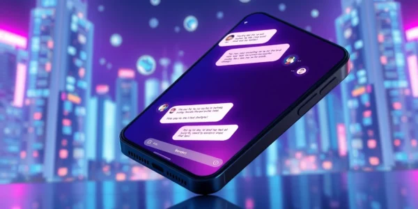 Futuristic smartphone displaying an AI chat interface with a vibrant cityscape background and holographic elements.