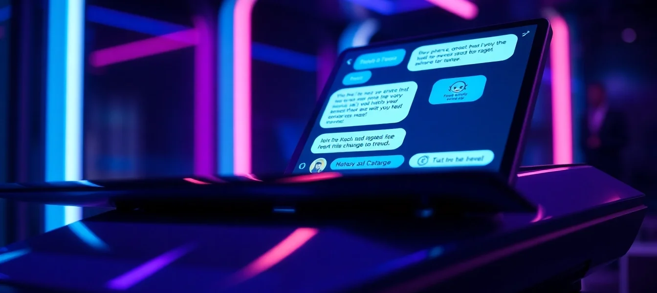 Futuristic digital interface showing AI chatbot conversation with neon accents and modern tech environment.