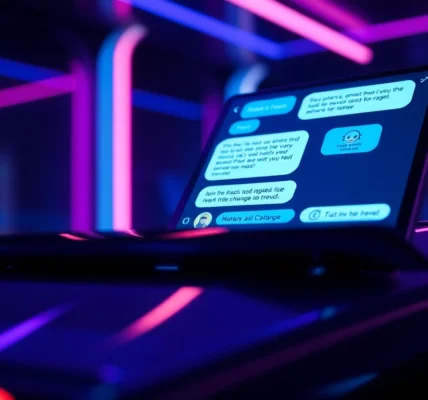 Futuristic digital interface showing AI chatbot conversation with neon accents and modern tech environment.