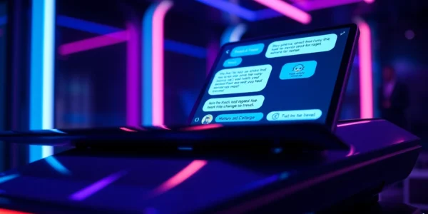 Futuristic digital interface showing AI chatbot conversation with neon accents and modern tech environment.