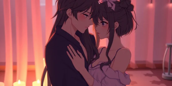 Vivid NSFW AI-generated scene featuring hyper-realistic characters engaging in a sensual moment, emphasizing detailed expressions and lighting.