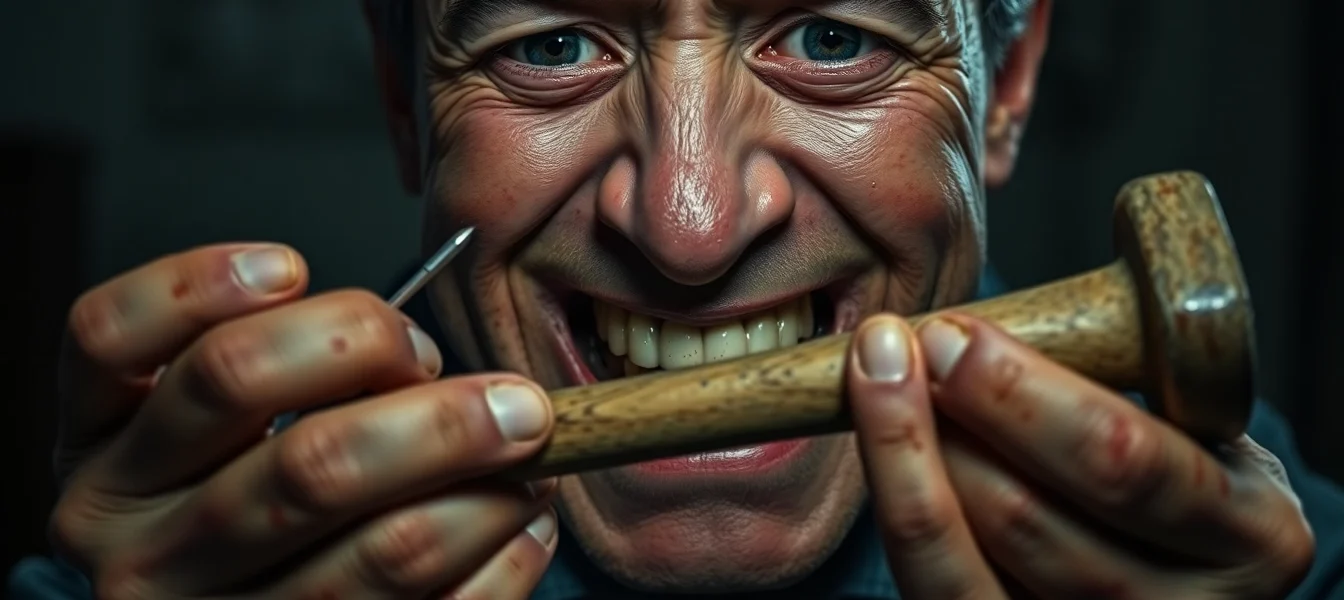 A disturbing close-up of Harvey suffering as he is held by a grim, dark background, with a tool in hand and a look of fear and pain on his face.