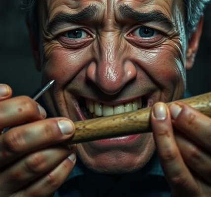 A disturbing close-up of Harvey suffering as he is held by a grim, dark background, with a tool in hand and a look of fear and pain on his face.
