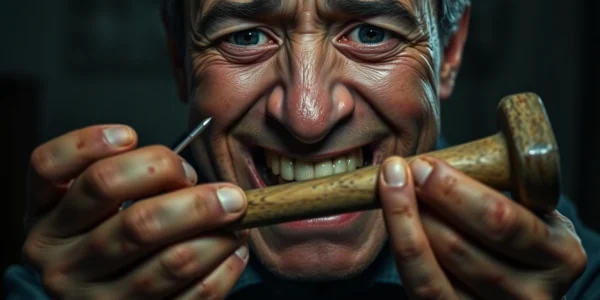 A disturbing close-up of Harvey suffering as he is held by a grim, dark background, with a tool in hand and a look of fear and pain on his face.