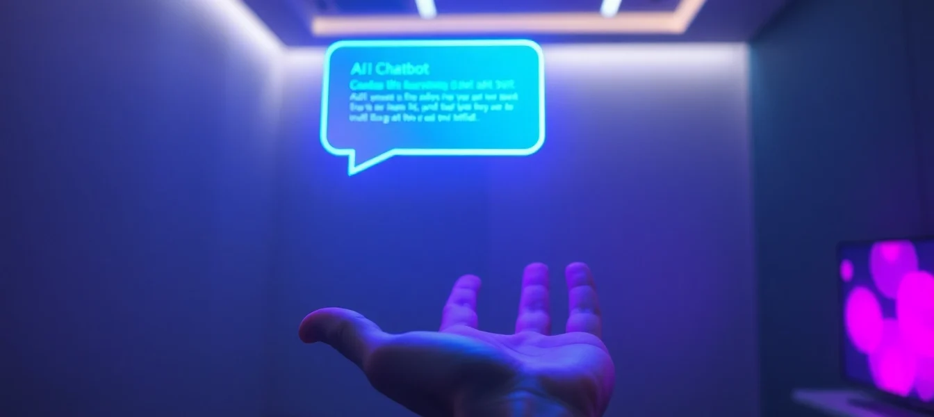 Close-up of a hand holding a holographic AI chatbot interface with vibrant neon colors in a modern, tech-inspired setting.