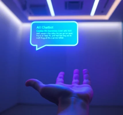 Close-up of a hand holding a holographic AI chatbot interface with vibrant neon colors in a modern, tech-inspired setting.