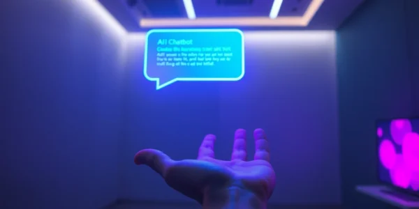 Close-up of a hand holding a holographic AI chatbot interface with vibrant neon colors in a modern, tech-inspired setting.