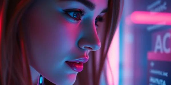 A knowledgeable AI girlfriend chatbot engaging in a warm digital conversation on a sleek smartphone screen, demonstrating advanced chat features and personalization.