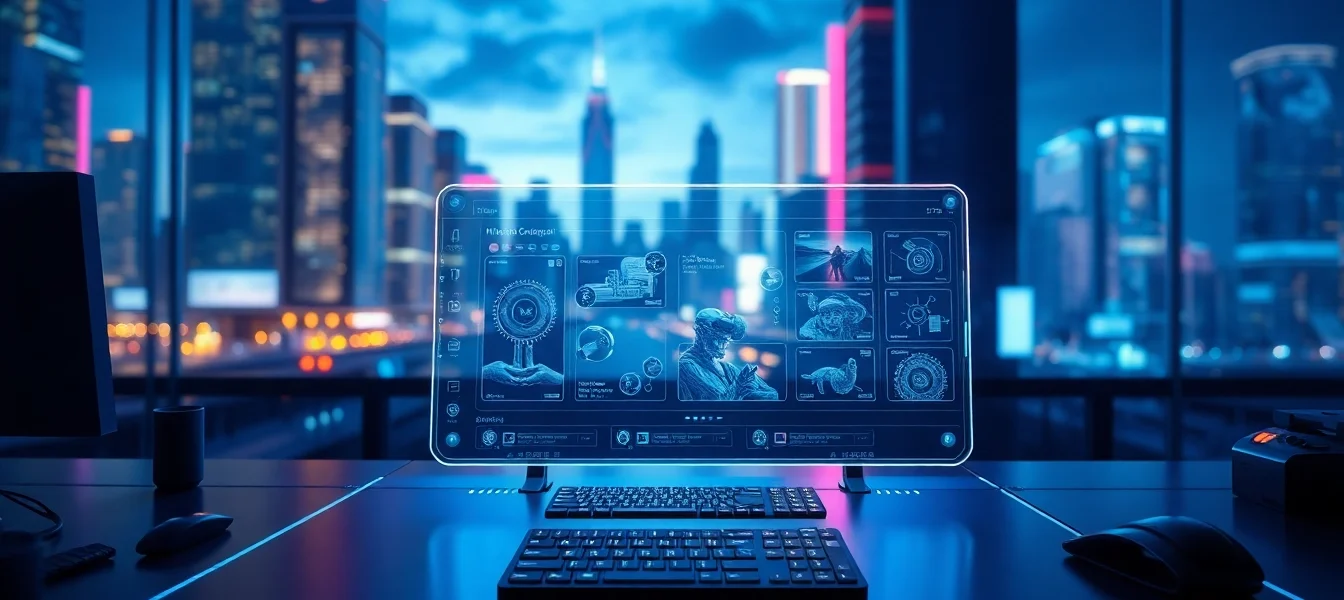 Futuristic AI workspace with advanced image editing interface and neon lighting