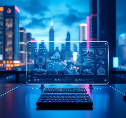 Futuristic AI workspace with advanced image editing interface and neon lighting