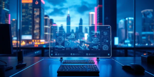 Futuristic AI workspace with advanced image editing interface and neon lighting