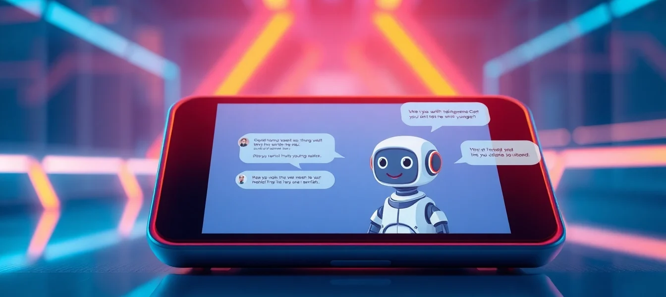 A futuristic digital chat interface on a modern device with an AI chatbot character engaging in conversation, glowing neon accents, and a high-tech background.