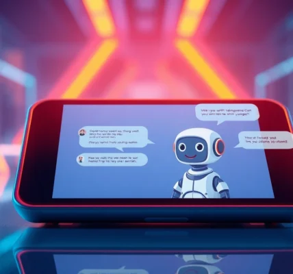 A futuristic digital chat interface on a modern device with an AI chatbot character engaging in conversation, glowing neon accents, and a high-tech background.