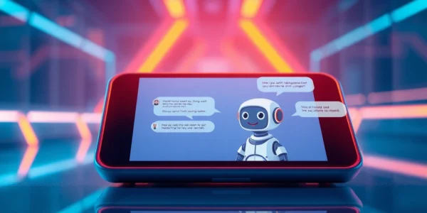 A futuristic digital chat interface on a modern device with an AI chatbot character engaging in conversation, glowing neon accents, and a high-tech background.