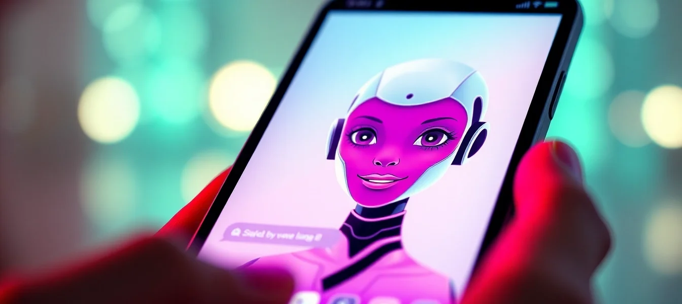 Close-up of a smartphone displaying a seductive AI character in a vibrant, glowing interface with a blurred background.