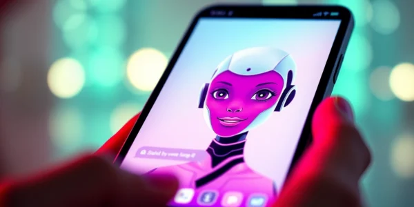 Close-up of a smartphone displaying a seductive AI character in a vibrant, glowing interface with a blurred background.