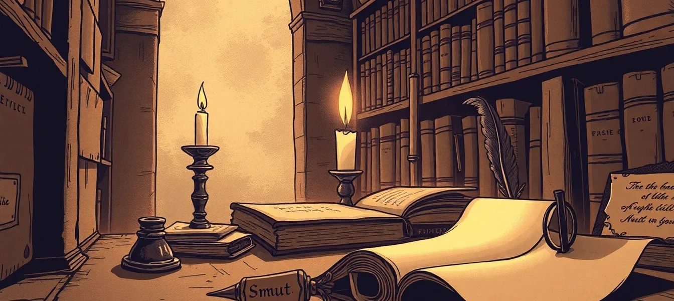Vintage 17th-century study with dusty books and candlelight, symbolizing the historical origins of the word 'smut.'